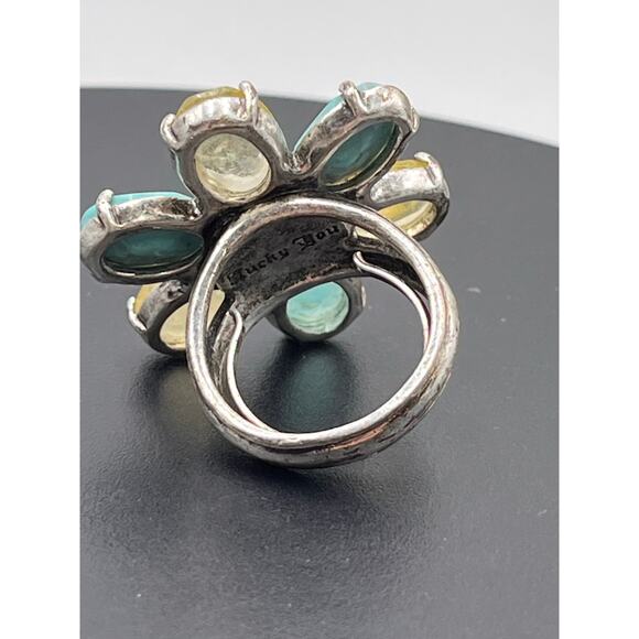 Lucky Brand Flower Resin Glass Amethyst Blue Yellow Purple Ring Sz 7 - Picture 6 of 7